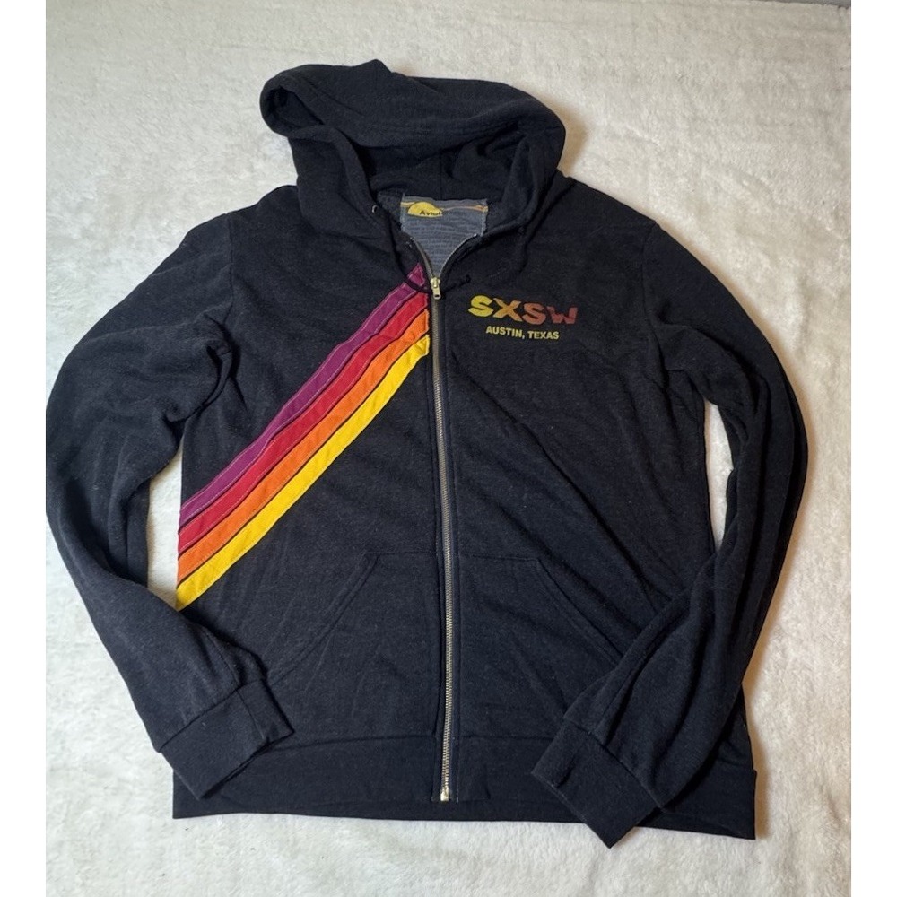SXSW Austin Texas Aviator Hoodie Womens XXL Black Rainbow Stripe Zip Jacket